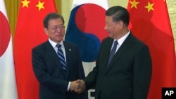 中國國家主席習近平在北京人大會堂會見到訪的南韓總統文在寅。（2019年12月23日）