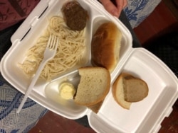 Provided food is pictured at quarantine location upon arrival from Wuhan in the town of Novi Sanzhary, Ukraine, Feb. 20, 2020.