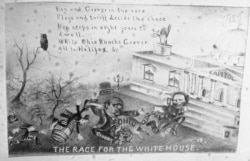 This cartoon illustrates the campaign of 1888 with candidates Republican Benjamin Harrison and Democrat Grover Cleveland.