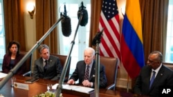 President Joe Biden meets with Colombian President Ivan Duque Marquez, not pictured, in the Cabinet Room of the White House, March 10, 2022.