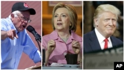 From left, Democratic presidential candidates Bernie Sanders, in Santa Maria, Calif., May 28, 2016, and Hillary Clinton, in Oakland, Calif., May 27, 2016, and presumptive Republican presidential candidate Donald Trump, in in Fresno, Calif., May 27, 2016.