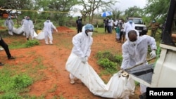 Des experts médico-légaux et des détectives transportent les corps de membres présumés d'un culte chrétien nommé Good News International Church, qui croyaient qu'ils iraient au paradis s'ils mouraient de faim.