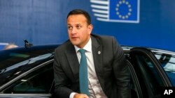 FILE - Irish Prime Minister Leo Varadkar arrives for an EU summit in Brussels, Thursday, Oct. 17, 2019. 