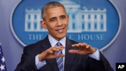 President Barack Obama speaks during news conference, Dec. 16, 2016, in the briefing room of the White House in Washington.