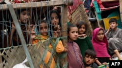 پاکستان سے افغانستان واپس جانے والے افغان پناہ گزین بچے طورخم بارڈر پر ٹرکوں پر سوار ہو کر پہنچے ہیں، فوٹو اے پی، یکم نومبر 2023