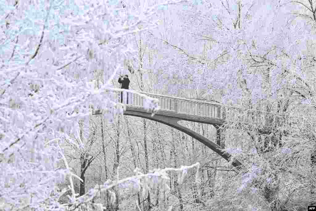 A man takes a picture as he crosses a bridge after snowfall in a park on the Main river embankment in Frankfurt am Main, western Germany,