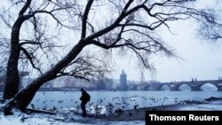 Prague, Czech Republic, Jan 16, 2021 that experienced the coldest night this year with temperatures drops below minus 20 degrees Celsius (minus 4 Fahrenheit) in many places.