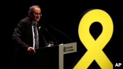 Regional Catalan President Quim Torra delivers a speech in Barcelona, Spain, Sept. 4, 2018.