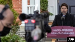Canadian Prime Minister Justin Trudeau speaks during a COVID-19 pandemic briefing from Rideau Cottage, in Ottawa, Nov. 20, 2020.
