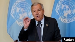 Antonio Guterres, Secretary General of the United Nations, speaks to reporters during the 76th Session of the U.N. General Assembly in New York, September 20, 2021. 