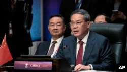 中國總理李強在雅加達舉行東盟峰會期間在東盟-中國峰會上講話。（2023年9月6日）