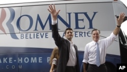 Republican presidential candidate, former Massachusetts Gov. Mitt Romney, right, and vice presidential candidate Wisconsin Rep. Paul Ryan are joined by Ryan's daughter Liza as they wave to the crowd, Aug. 11, 2012, in Norfolk, Va.