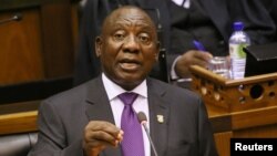 President Cyril Ramaphosa delivers his State of the Nation address at Parliament in Cape Town, South Africa, Feb. 16, 2018. 