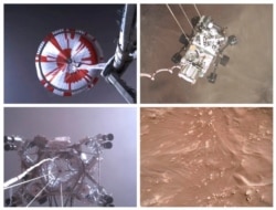 This combination of images from video made available by NASA shows steps in the descent of the Mars Perseverance rover as it approaches the surface of the planet, Feb. 18, 2021. (NASA/JPL-Caltech via AP)