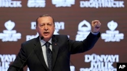 FILE - Turkey's President Recep Tayyip Erdogan talks during a rally in Istanbul, March 12, 2017.