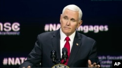 Vice President Mike Pence addresses the Atlantic Council's "NATO Engages the Alliance at 70" conference, in Washington, April 3, 2019.