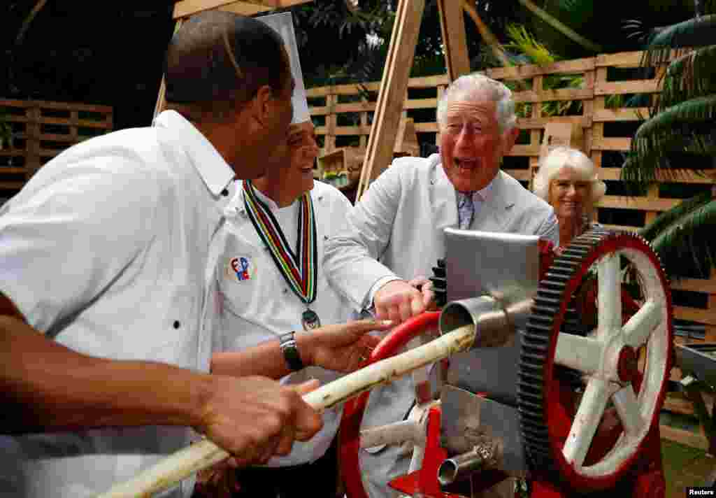 Britain's Prince Charles presses sugar cane to make juice during a visit to a paladar, a private restaurant, in Havana, Cuba.