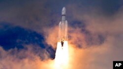 Indian spacecraft Chandrayaan-3, the word for "moon craft" in Sanskrit, travels after it was launched from the Satish Dhawan Space Centre in Sriharikota, India on July 14, 2023. (AP Photo/Aijaz Rahi)