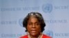 La nueva embajadora de Estados Unidos ante las Naciones Unidas, Linda Thomas-Greenfield, habla después de reunirse con el secretario general de la ONU, António Guterres, en las Naciones Unidas, el 25 de febrero de 2021..
