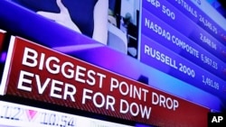 A television screen on the floor of the New York Stock Exchange headlines the stock index news at the close of trading, Feb. 5, 2018. 