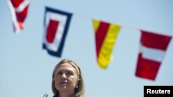 U.S. Secretary of State Hillary Clinton speaks during a Coast Guard ship commissioning ceremony at the passenger terminal wharf in Batumi June 5, 2012.