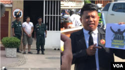 In this file photo taken on July 10, 2019, Kong Raiya (left) and Soung Neak Poun were arrested while they participated in the third anniversary of Kem Ley's murder, in Phnom Penh, Cambodia. 