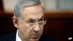 Israeli Prime Minister Benjamin Netanyahu during weekly cabinet meeting, Jerusalem, Aug. 4, 2013.