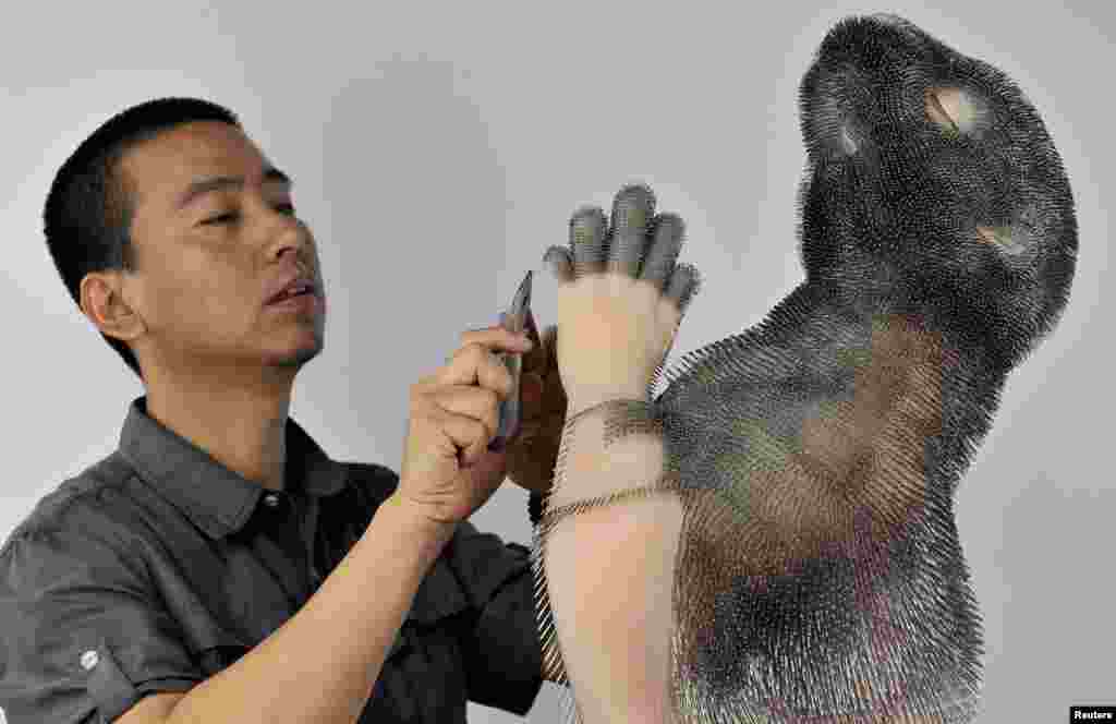 Professor Xie Yong works on an art installation of a beaver, which is made out of plastic and around 300,000 needles, in Shenyang, Liaoning province, China. The needles, according to Xie, represent the pain felt by animals when their fur is taken off to produce clothing.