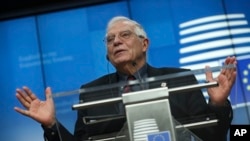 European Union foreign policy chief Josep Borrell talks to journalists during a news conference following an EU foreign ministers' meeting at the Europa building in Brussels, Belgium, Feb. 17, 2020. 