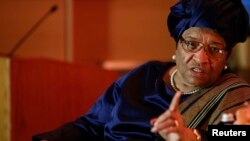 President of Liberia Ellen Johnson Sirleaf makes a point during an onstage newsmakers interview with Reuters journalist Axel Threlfall in Washington, May 17, 2013 file photo. 