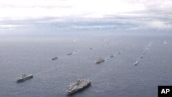 美國航空母艦“喬治華盛頓”號及日本海上自衛隊軍艦 (資料圖片)