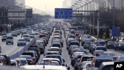 A traffic jam during weekday rush hour in Beijing, China in January 2011.