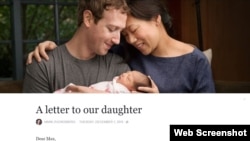 Imagen tomada de la cuenta del CEO de Facebook, Mark Zuckerberg, el martes 1 de diciembre de 2015, donde en una carta anuncia el nacimiento de su hija Max y la donación del 99% de sus acciones en la red social que fundó.