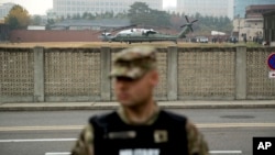 Presidential helicopters are grounded as President Donald Trump returned to U.S. Army Garrison Yongsan, Seoul, South Korea, Nov. 8, 2017, after attempting to visit the Demilitarized Zone (DMZ). 