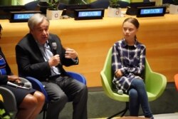 ​ Swedish climate activist Greta Thunberg speaks with other child petitioners from 12 countries who presented a landmark complaint to protest the lack of government action on the climate crisis during a press conference in New York, Sept. 23, 2019