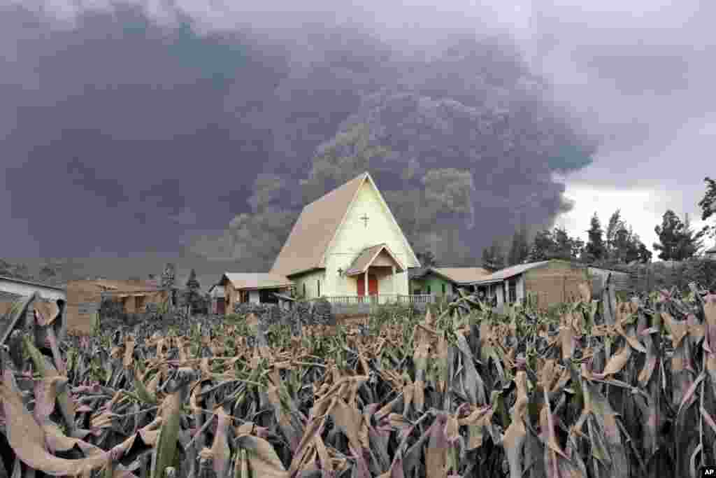 Gunung Sinabung memuntahkan abu vulkanik di Kabupaten Sibintun, Sumatra Utara.