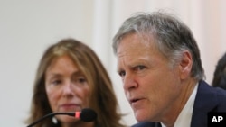 FILE - Fred Warmbier, with his wife, Cindy, speaks about their son, Otto Warmbier, who died after being released by North Korea, during a press conference in Seoul, South Korea, Nov. 22, 2019. 