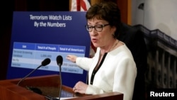 Senator Susan Collins, a Maine Republican, speaks at a news conference on Capitol Hill in Washington regarding a compromise proposal on gun control measures, June 21, 2016. Collins was the lead author of the legislation.