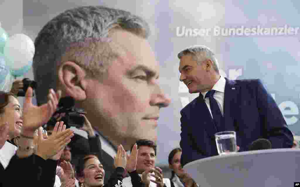Austrian Chancellor Karl Nehammer of the People's Party attends his final election rally in Vienna, Austria.