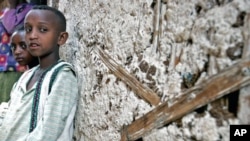 Ethiopian orphans Endashew (R) and his sister Yeshiwork, who lost both their parents to HIV/AIDS, sit outside their family house near the capital Addis Ababa, (file photo)