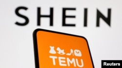 FILE - This illustration shows the Shein and Temu logos.
