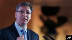 FILE - Serbian Prime Minister Aleksandar Vucic speaks during the Business Forum Serbia-Albania, in the town of Nis, Serbia, Oct. 14, 2016. 