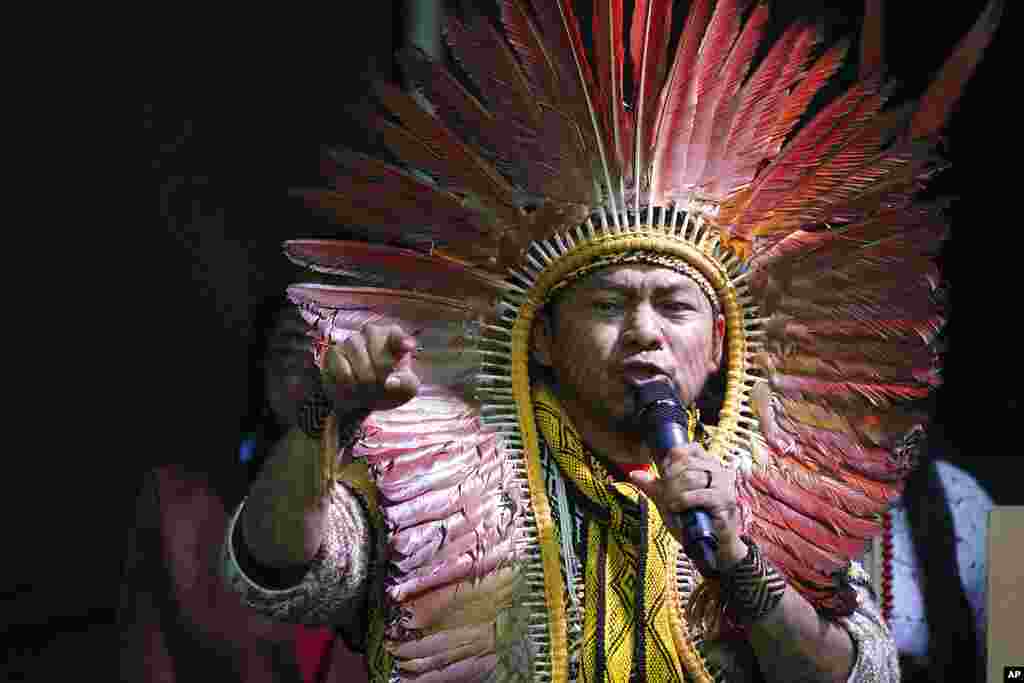 Amazon tribal leader and climate activists Kreta Kaingang speaks during a demonstration in Glasgow, Scotland, which is the host city of the COP26 U.N. Climate Summit.