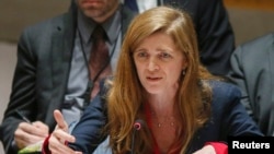 FILE - United States Ambassador to the United Nations Samantha Power addresses members of the U.N. Security Council.
