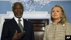 Secretary of State Hillary Rodham Clinton and Arab League Joint Special Envoy for Syria Kofi Annan make a statement to reporters regarding Syria, Friday, June 8, 2012 at the State Department in Washington.