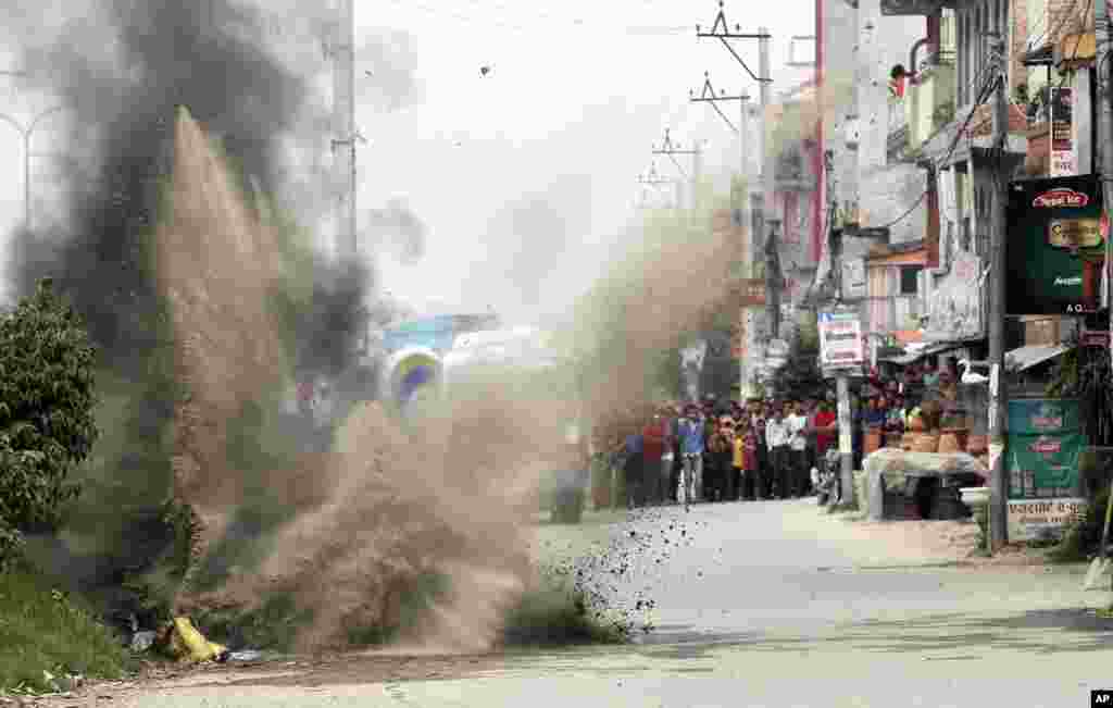 Nepalese Army's bomb disposal team detonates the explosives during the local election in Bhaktapur.