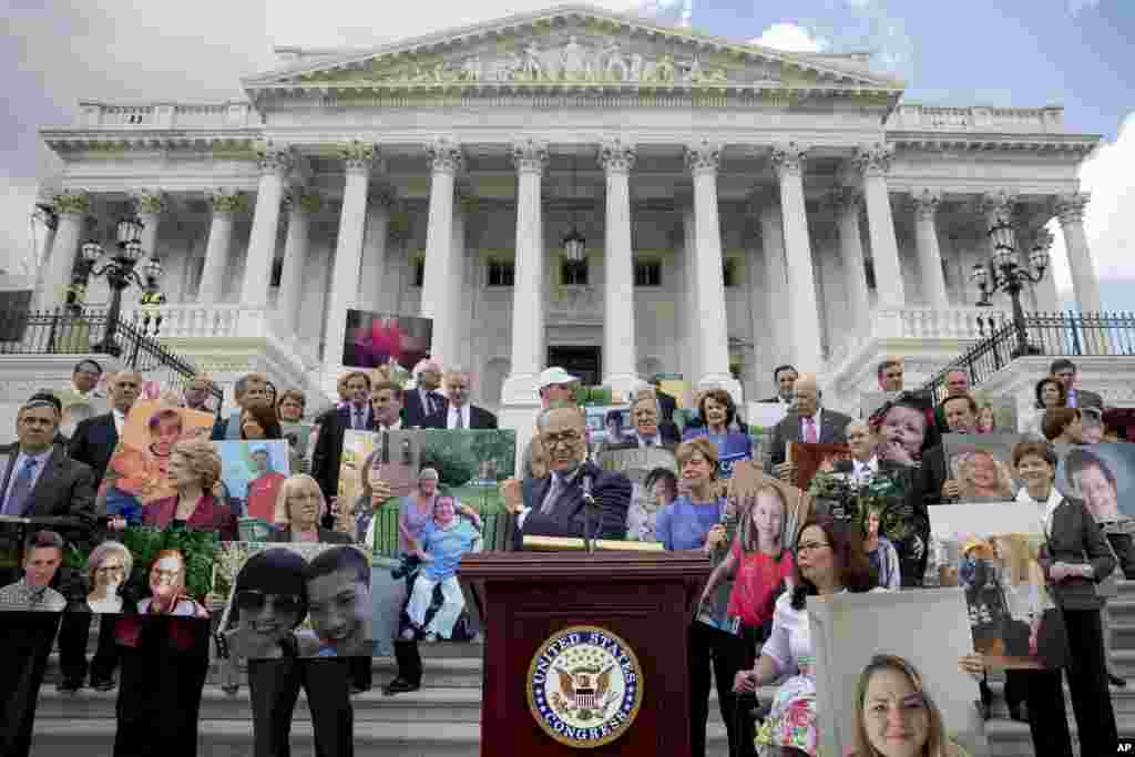 មេដឹកនាំសភាអនិតិជន Chuck Schumer នៃបុរីញូវយ៉ក និងក្រុមសភាប្រជាធិបតេយ្យរបស់លោកថតរូបជនសំខាន់ដែលអាចនឹងត្រូវប៉ះពាល់ដោយសេចក្តីព្រៀងច្បាប់ដែលក្រុមសាធារណរដ្ឋបានស្នើក្នុងសន្និសីទកាសែតនៅខាងក្រៅសេតវិមានក្នុងរដ្ឋធានីវ៉ាស៊ីនតោន។