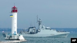 FILE - A view of the Britain's Royal Navy patrol ship OPV Trent in the Black Sea, July 7, 2021, during Sea Breeze 2021 maneuvers. 