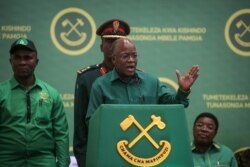 FILE - President John Magufuli speaks at the national congress of his ruling Chama cha Mapinduzi party in Dodoma, Tanzania, July 11, 2020.