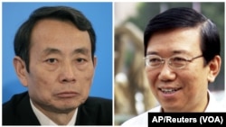 Jiang Jiemin, left, former chairman of the state-run China National Petroleum Corp., and Li Chuncheng, right, a former deputy party chief for the southwestern province of Sichuan, were each convicted on corruption charges Monday in Hubei province, China.